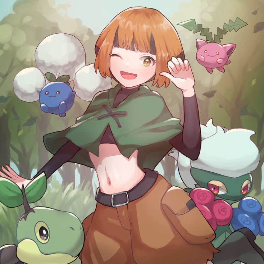 turtwig, hoppip, gardenia, jumpluff, and roserade (pokemon and 1 more) drawn by chomo_(engawaparty)