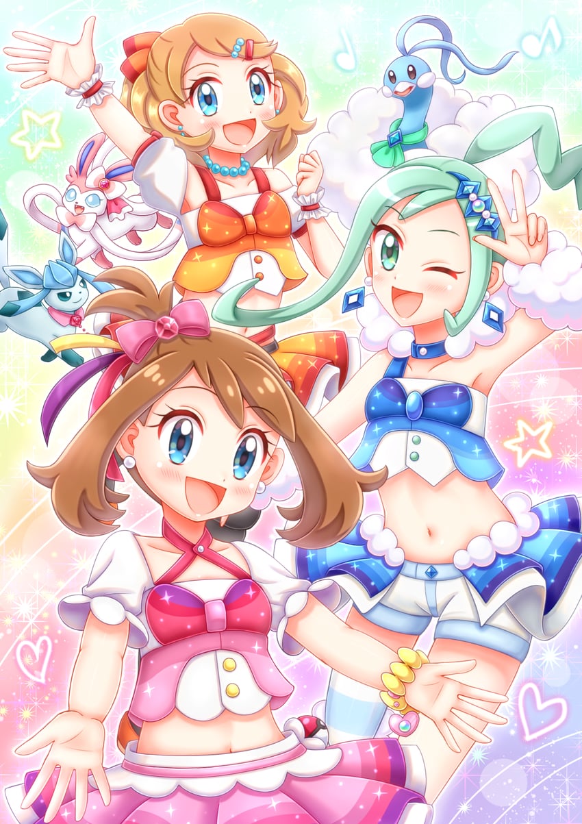 may, serena, sylveon, glaceon, altaria, and 1 more (pokemon and 1 more) drawn by niwatori_(syamo_chamo)