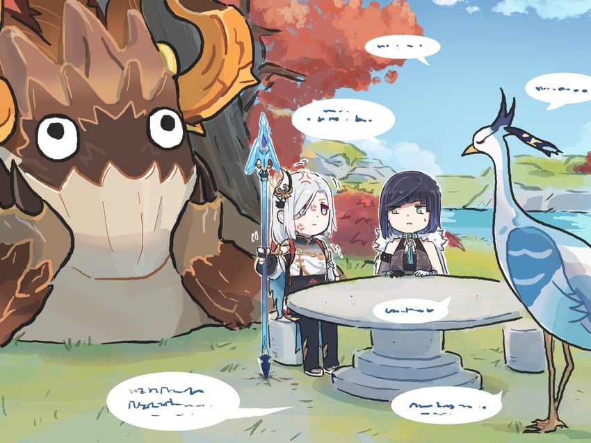 shenhe, yelan, xianyun, cloud retainer, and azhdaha (genshin impact) drawn by xinzoruo