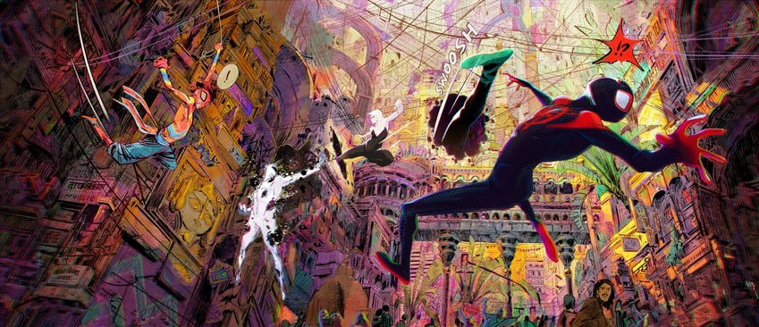 spider-gwen, miles morales, spider-man, and spider-man india (marvel and 3 more) drawn by aymeric_kevin