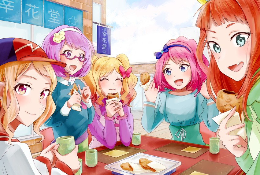 nijino yume, sakuraba rola, saotome ako, kasumi mahiru, and nanakura koharu (aikatsu! and 1 more) drawn by oka_paya
