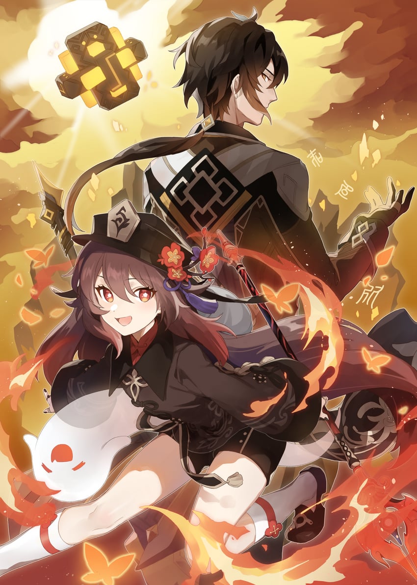 hu tao, zhongli, and boo tao (genshin impact) drawn by p_(pixiv65832344)