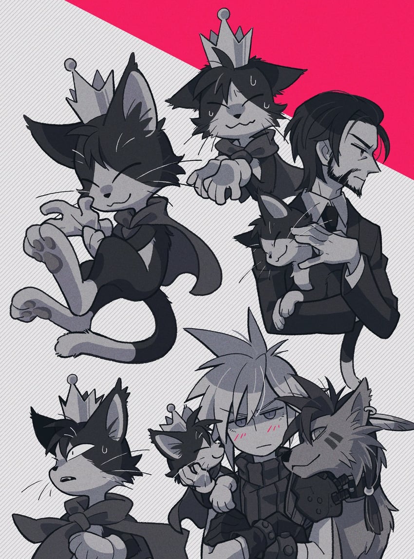 cloud strife, red xiii, cait sith, and reeve tuesti (final fantasy and 3 more) drawn by coffinsmokes