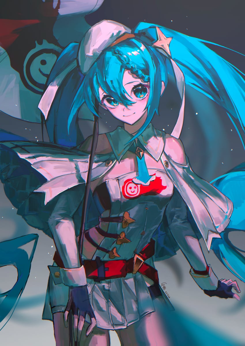 hatsune miku and racing miku (vocaloid and 1 more) drawn by alariess
