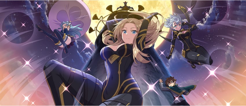 aqua, satou kazuma, alpha, beta, cid kagenou, and 1 more (kono subarashii sekai ni shukufuku wo! and 2 more)