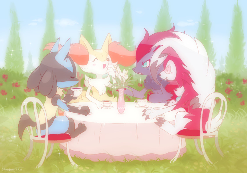 lucario, braixen, lycanroc, and zoroark (pokemon) drawn by yajuuraku