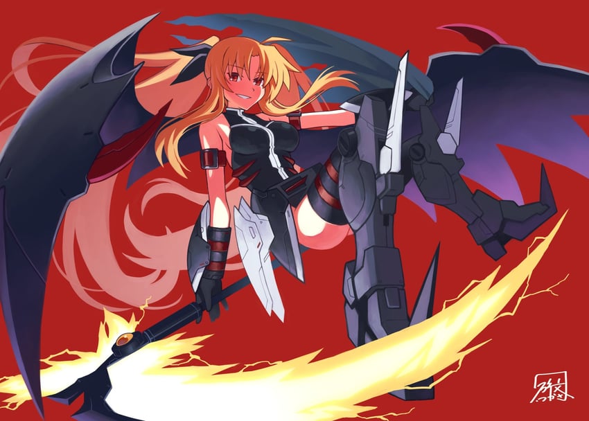 fate testarossa, bardiche, and gundam deathscythe hell custom (gundam and 4 more) drawn by hibun_tsukasa