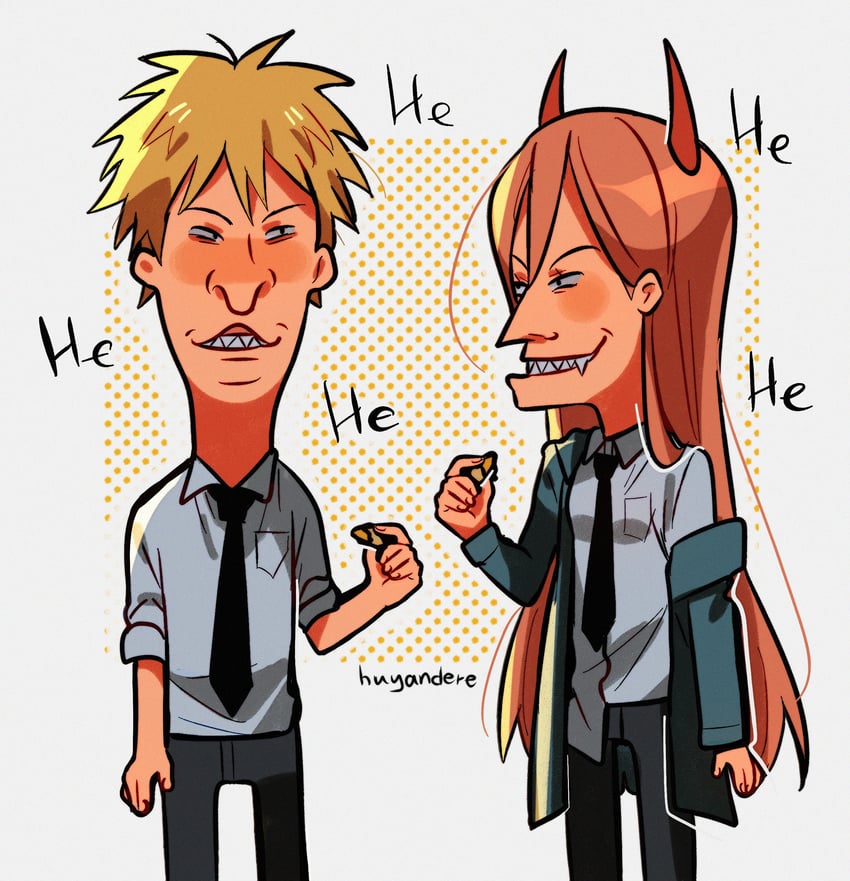 power, denji, butt-head, and beavis (chainsaw man and 1 more) drawn by huyandere