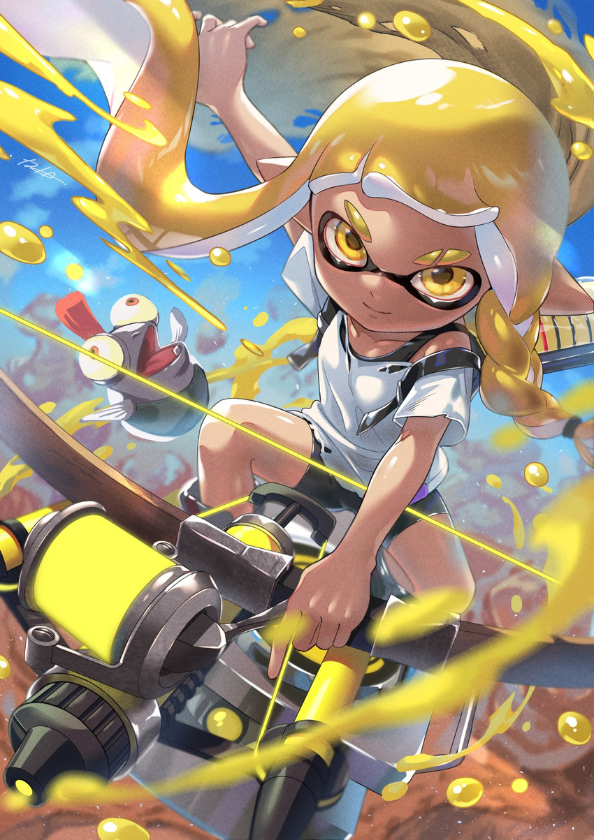 inkling player character, inkling girl, and smallfry (splatoon and 1 more) drawn by iria_(yumeirokingyo)