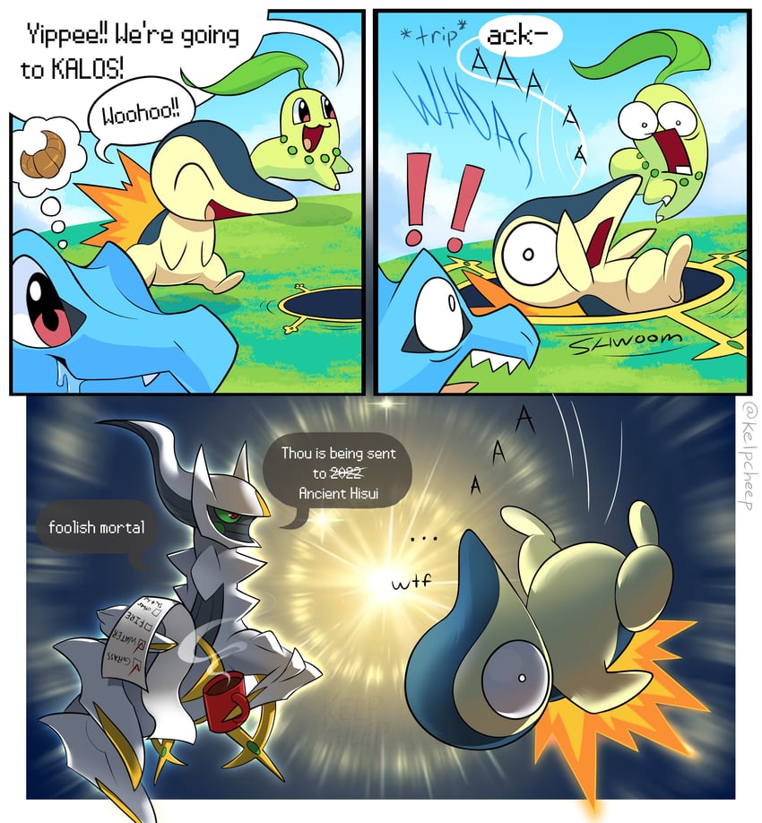 cyndaquil, chikorita, totodile, and arceus (pokemon and 2 more) drawn by kelpcheep