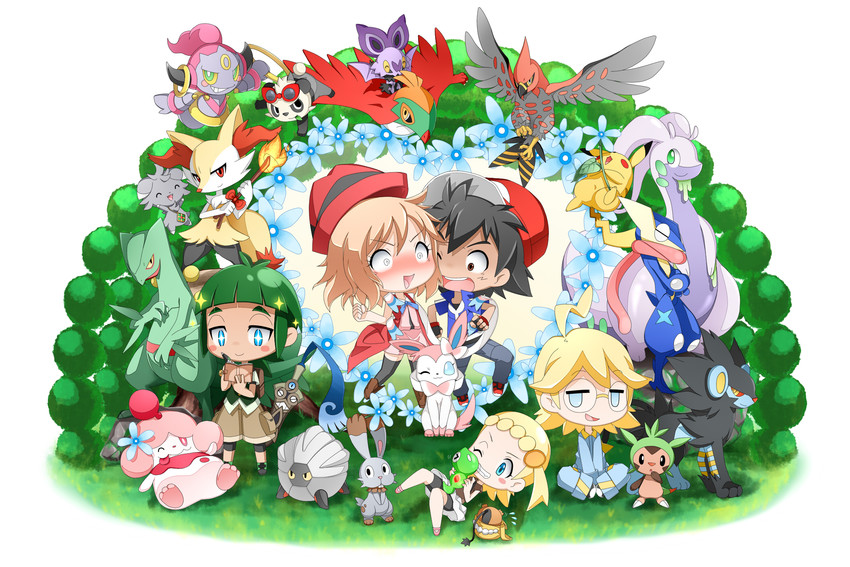 pikachu, ash ketchum, serena, sylveon, braixen, and 22 more (pokemon and 1 more) drawn by miguchii