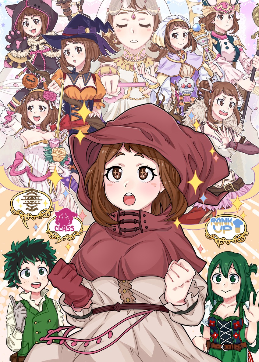 midoriya izuku, uraraka ochaco, and asui tsuyu (fire emblem and 3 more) drawn by master_hands