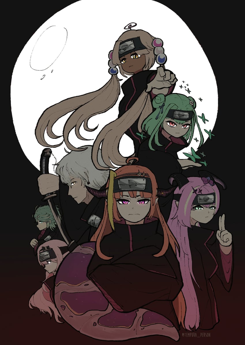 uruha rushia, kiryu coco, tsukumo sana, mano aloe, kagami kira, and 2 more (hololive and 3 more) drawn by tempura_person