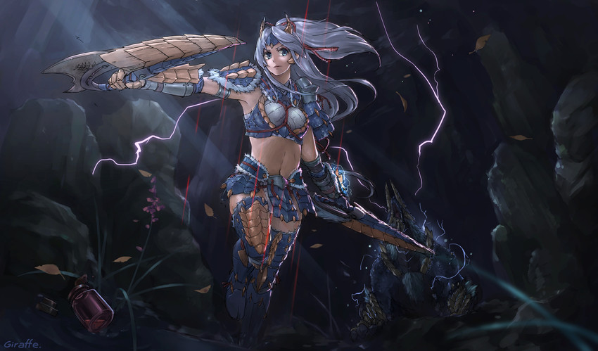 monster hunter and zinogre (monster hunter) drawn by giraffe_(artist)