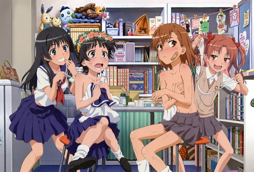 misaka mikoto, shirai kuroko, saten ruiko, uiharu kazari, and gekota (toaru majutsu no index and 1 more)