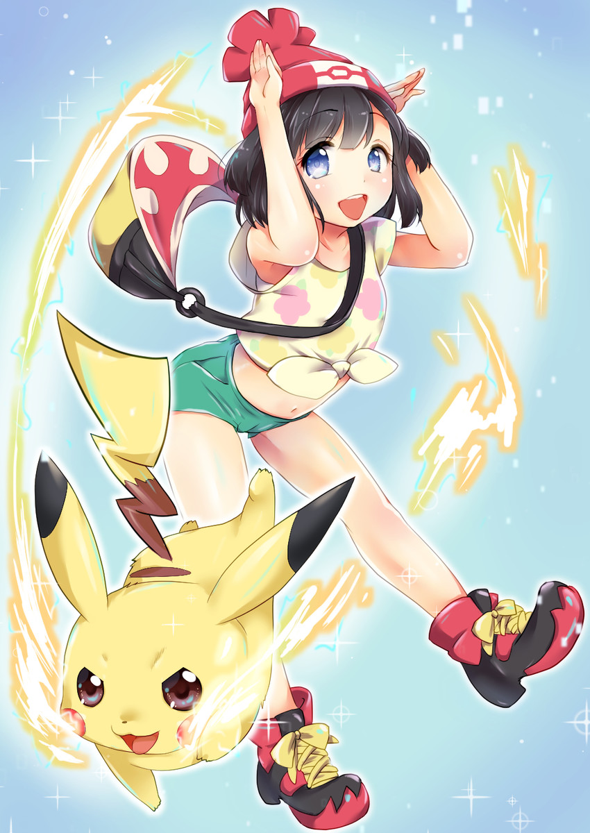 pikachu and selene (pokemon and 1 more) drawn by karaage_karara