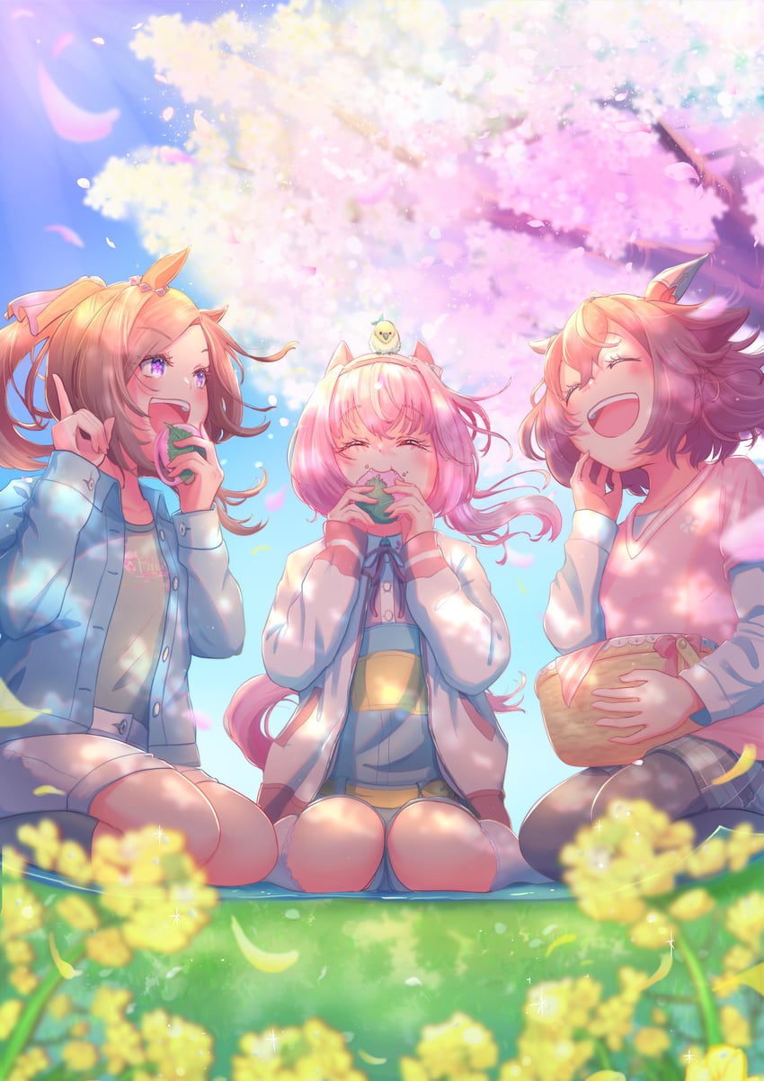 haru urara, sakura chiyono o, and sakura bakushin o (umamusume) drawn by kongariinu
