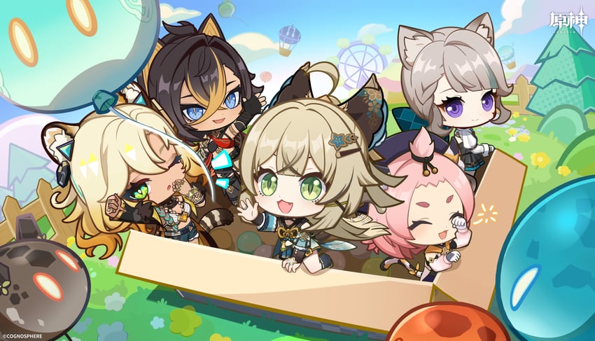 slime, lynette, dehya, kirara, diona, and 1 more (genshin impact)