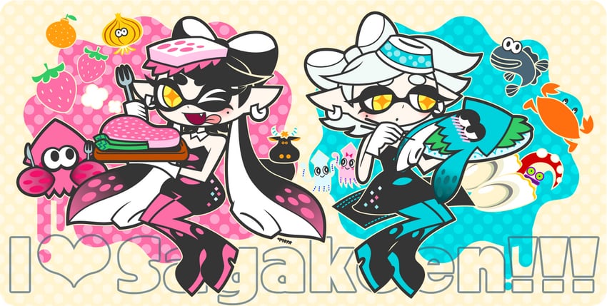 inkling player character, callie, marie, and octotrooper (splatoon and 1 more) drawn by sasakinao