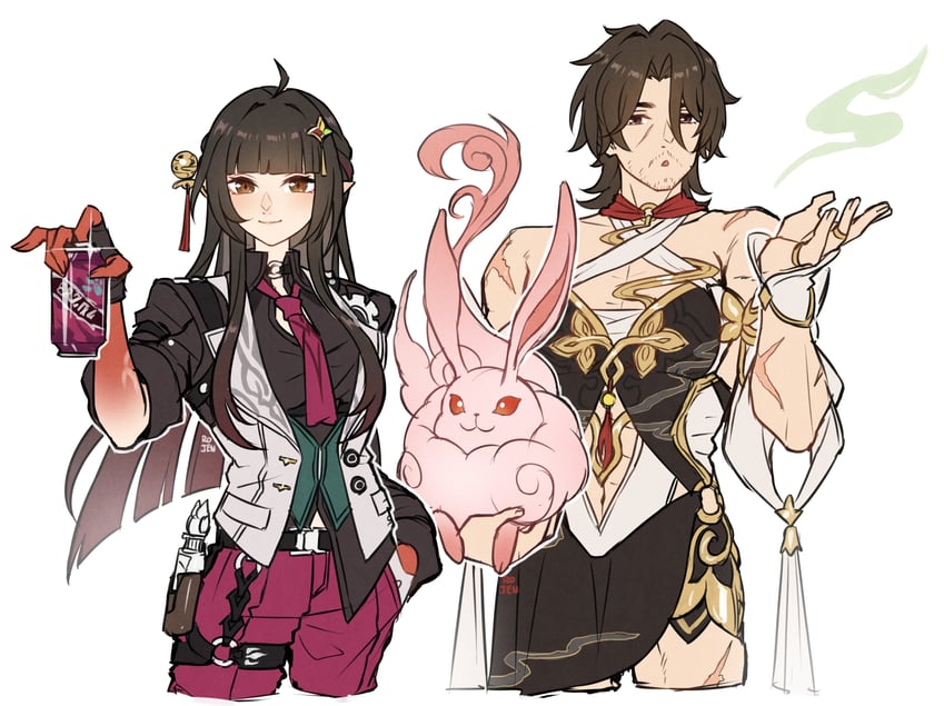 lingsha, gallagher, and fuyuan (honkai and 1 more) drawn by rojen