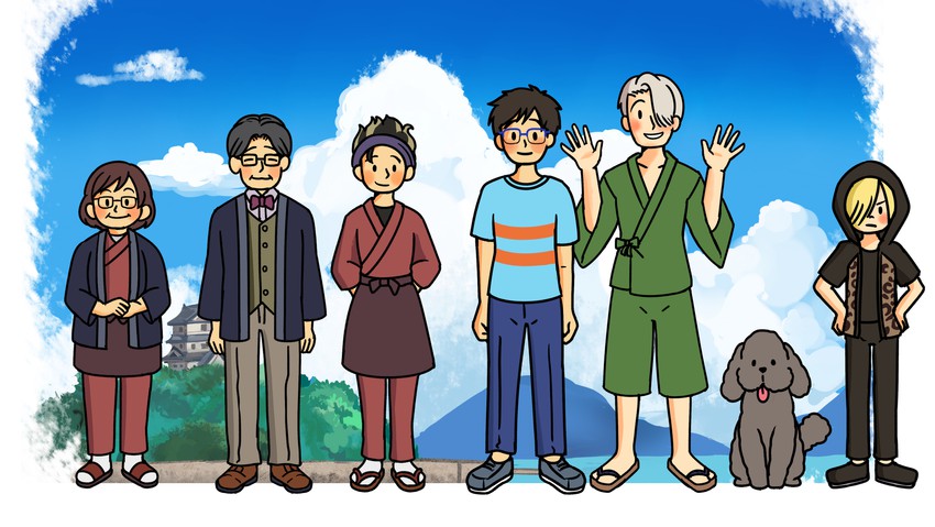 katsuki yuuri, viktor nikiforov, yuri plisetsky, makkachin, katsuki mari, and 2 more (yuri!!! on ice) drawn by twc_(p-towaco)
