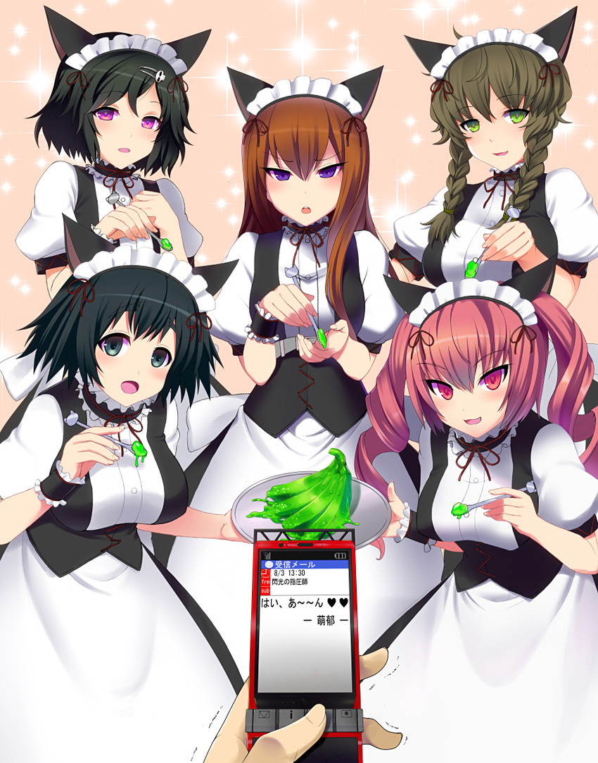 makise kurisu, shiina mayuri, amane suzuha, urushibara luka, akiha rumiho, and 1 more (steins;gate) drawn by kyoku_tou