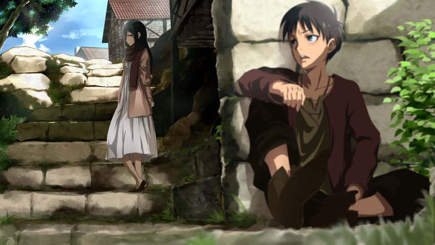 mikasa ackerman and eren yeager (shingeki no kyojin) drawn by poker-face-008
