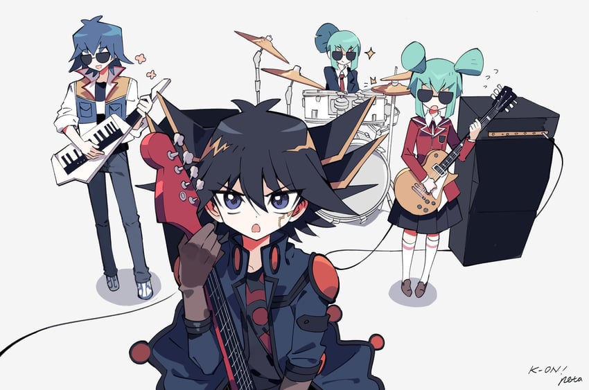 fudo yusei, bruno, luca, and lua (yu-gi-oh! and 2 more) drawn by izuygo