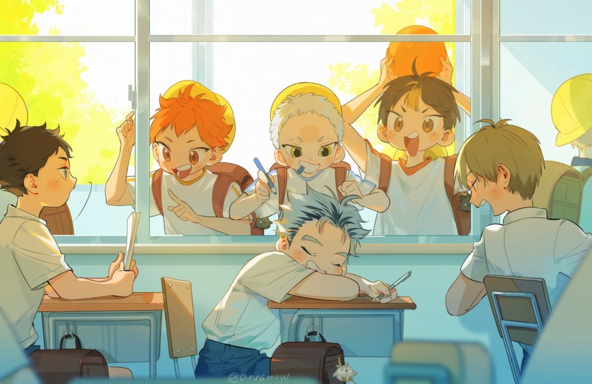 hinata shouyou, bokuto koutarou, nishinoya yuu, and hoshiumi kourai (haikyuu!!) drawn by annsmow