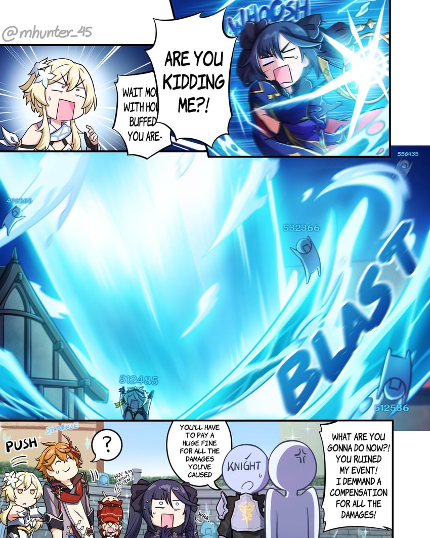 lumine, mona, tartaglia, klee, jumpy dumpty, and 2 more (genshin impact) drawn by mhunter_45