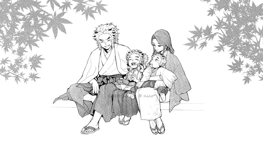 rengoku kyoujurou, rengoku senjurou, rengoku shinjurou, and rengoku ruka (kimetsu no yaiba) drawn by nico0923