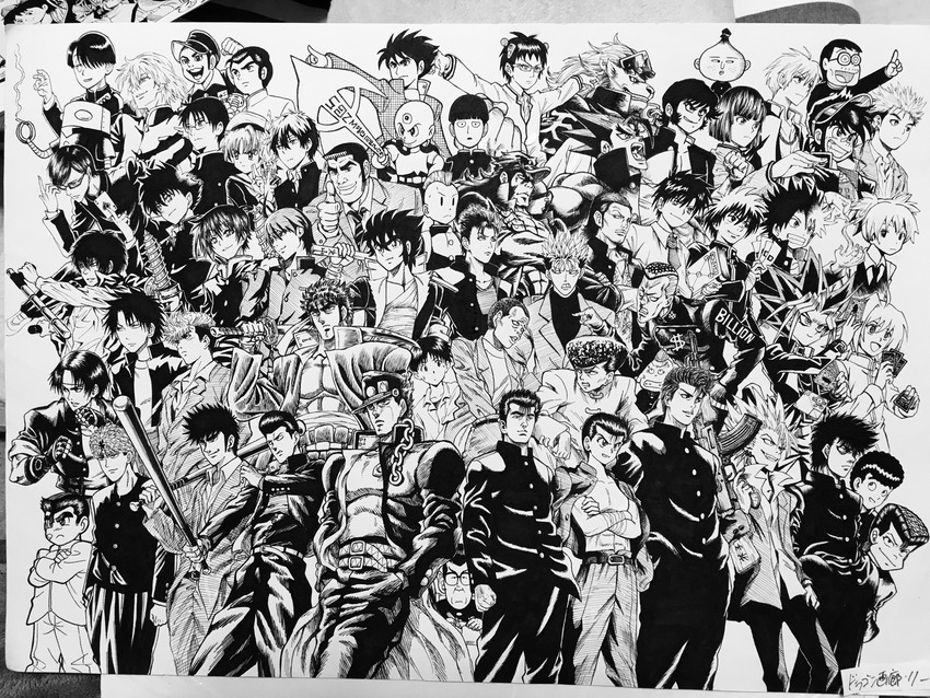 kujo jotaro, ikari shinji, oreki houtarou, araragi koyomi, kageyama shigeo, and 46 more (jojo no kimyou na bouken and 51 more) drawn by lee_(dragon_garou)