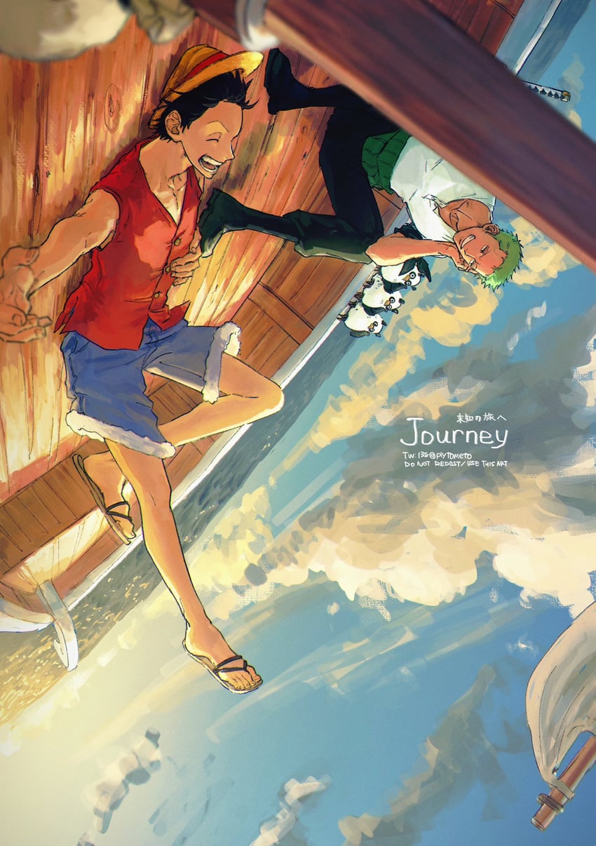 monkey d. luffy and roronoa zoro (one piece) drawn by plytometo