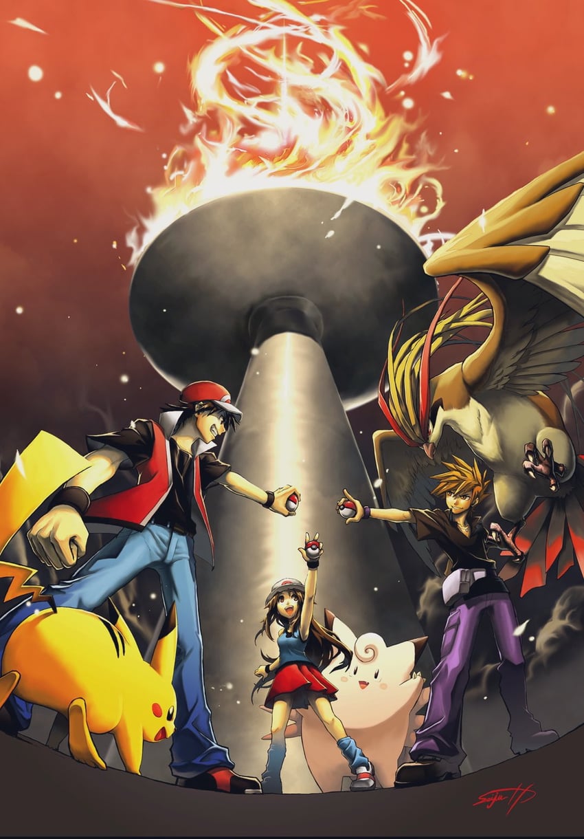 pikachu, red, blue oak, green, pidgeot, and 1 more (pokemon and 1 more) drawn by seijun