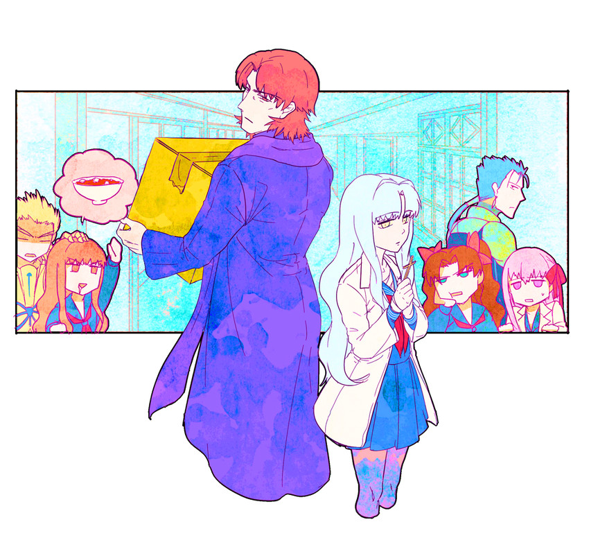 gilgamesh, matou sakura, kotomine kirei, caren hortensia, kishinami hakuno, and 2 more (fate and 4 more) drawn by monosashi