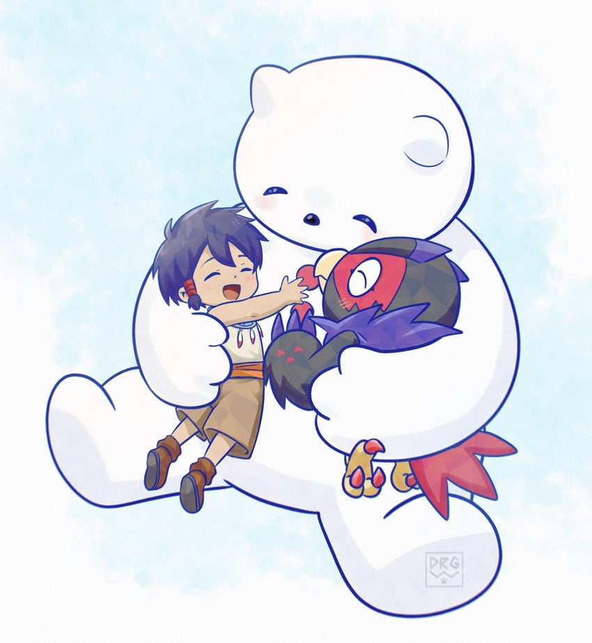 noguchi ikuto, yukidarumon, and falcomon (digimon and 1 more) drawn by slayer_dramonz