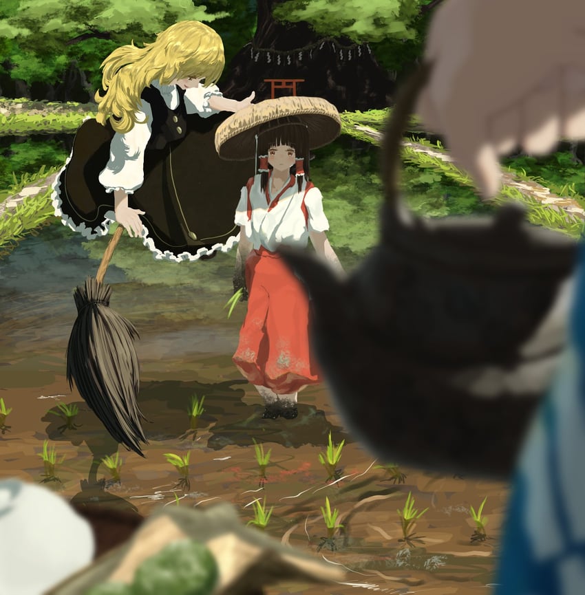 hakurei reimu, kirisame marisa, and morichika rinnosuke (touhou) drawn by kajatony