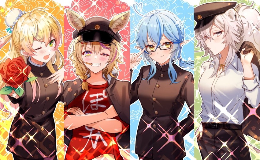 yukihana lamy, shishiro botan, omaru polka, and momosuzu nene (hololive) drawn by syandega