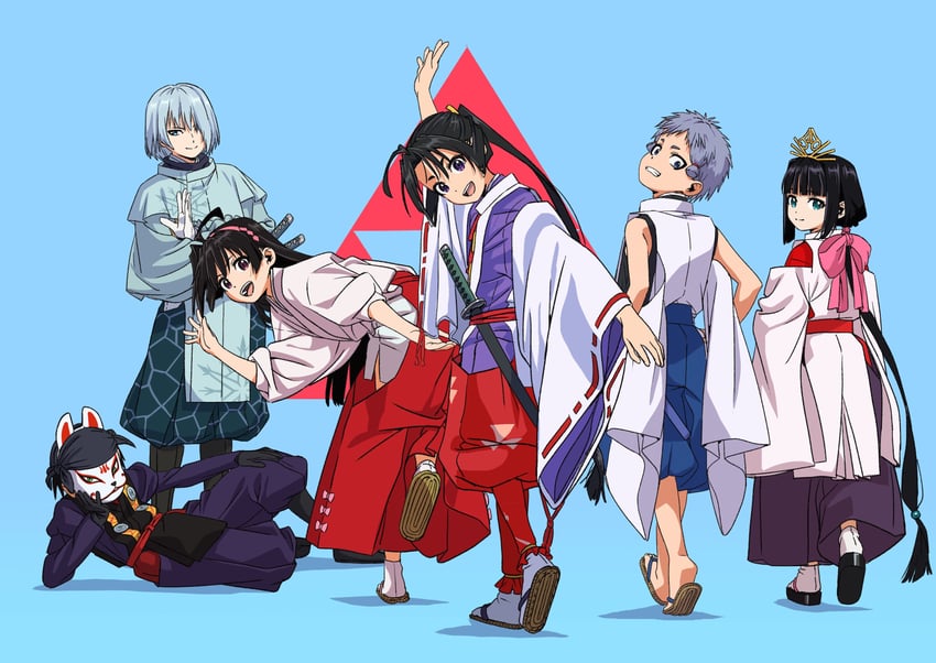houjou tokiyuki, mochizuki ayako, shizuku, fubuki, kazama genba, and 1 more (nige jouzu no wakagimi) drawn by nishiya_yasushi