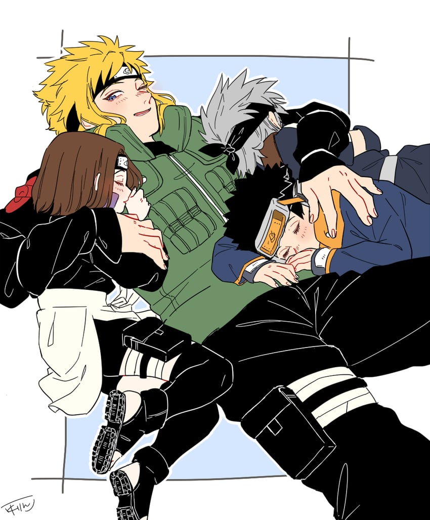 hatake kakashi, uchiha obito, namikaze minato, and nohara rin (naruto and 1 more) drawn by awarinko