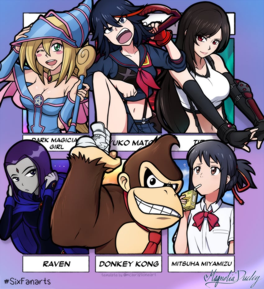 tifa lockhart, matoi ryuuko, dark magician girl, raven, miyamizu mitsuha, and 1 more (final fantasy and 6 more) drawn by magnolia-baillon
