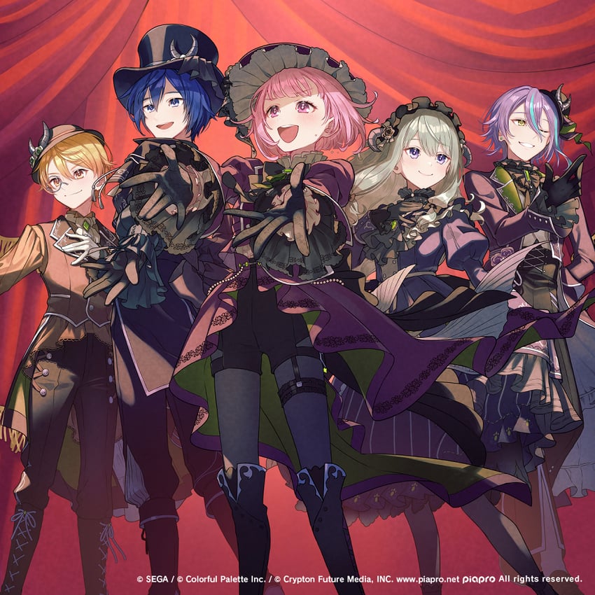 kaito, ootori emu, tenma tsukasa, kusanagi nene, and kamishiro rui (vocaloid and 1 more) drawn by cherico