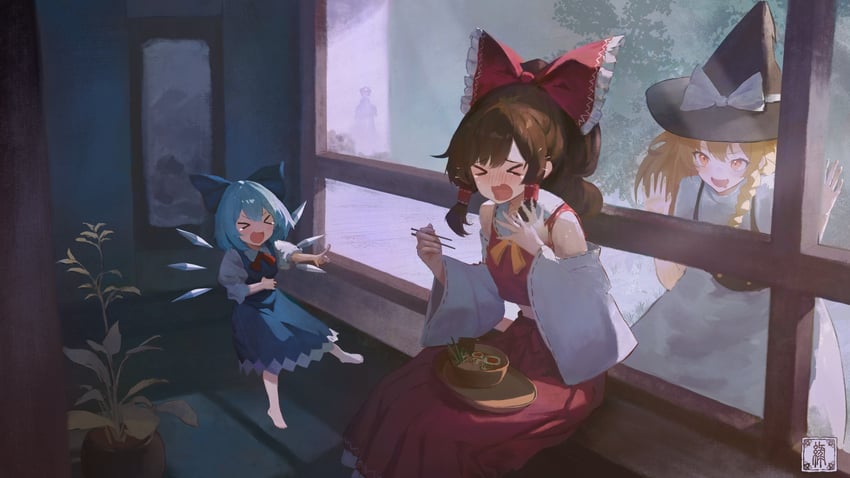 hakurei reimu, kirisame marisa, cirno, and saigyouji yuyuko (touhou) drawn by elzapatoverde