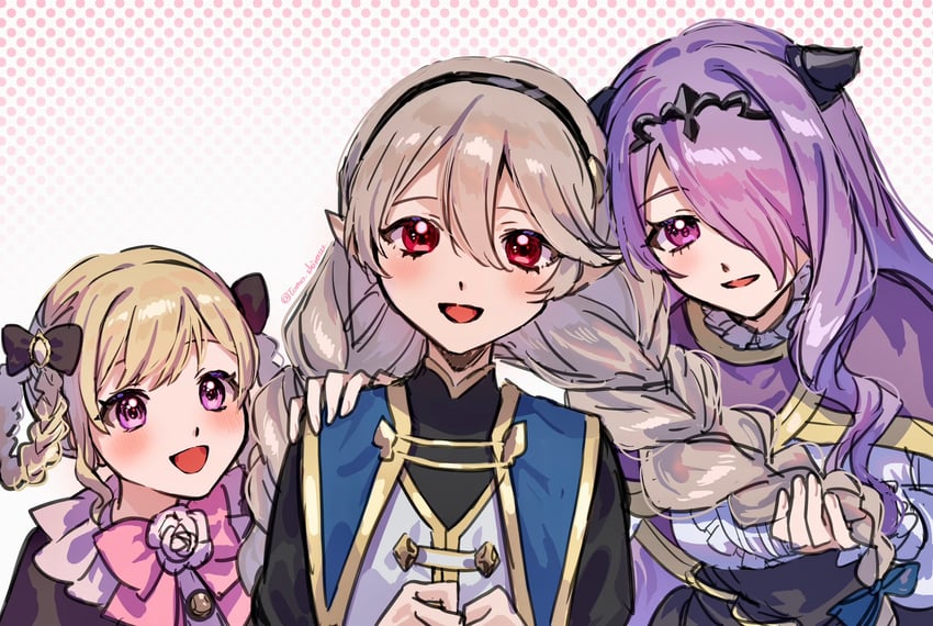 female corrin, camilla, and elise (fire emblem and 2 more) drawn by tomo_shirasu