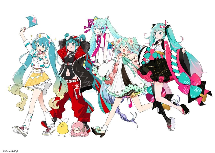 hatsune miku, kagamine rin, megurine luka, magical mirai miku, and takoluka (vocaloid and 1 more) drawn by omutatsu