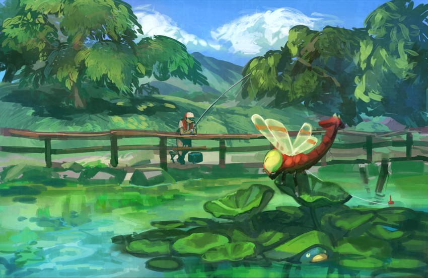 lotad, yanma, and fisher (pokemon and 1 more) drawn by ponimu
