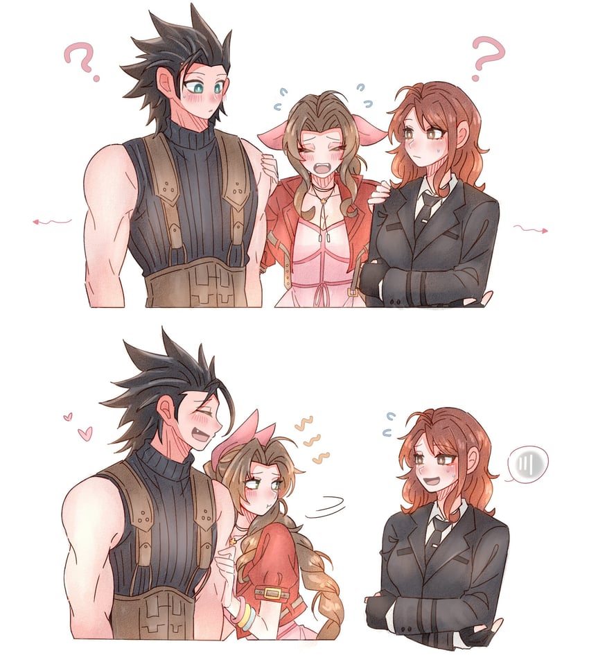 aerith gainsborough, zack fair, and cissnei (final fantasy and 2 more) drawn by 7_(milu577610)