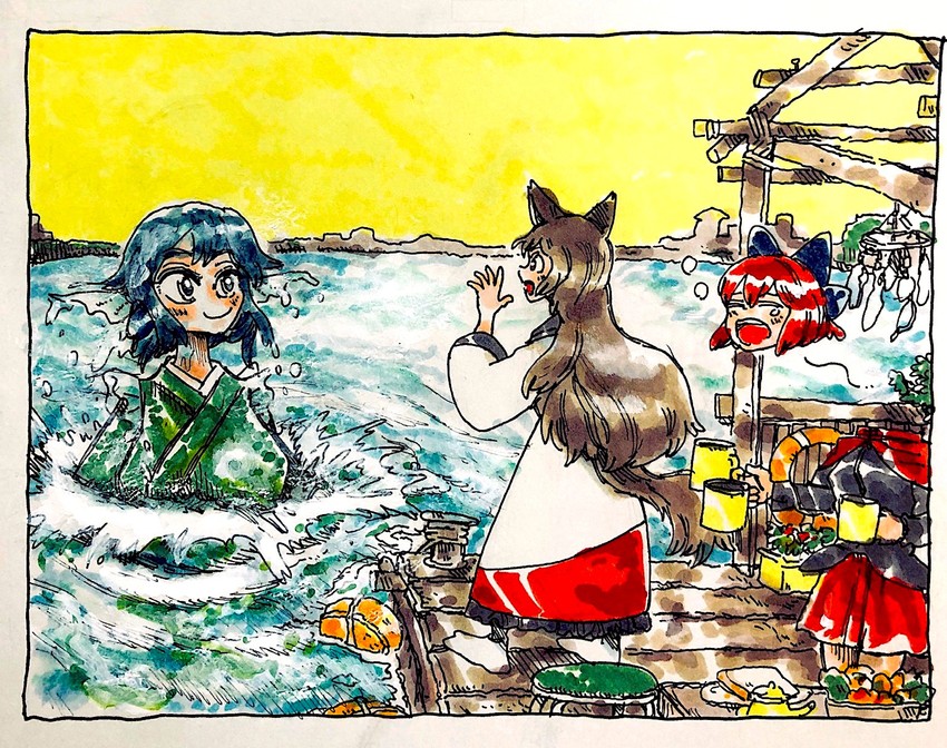 imaizumi kagerou, sekibanki, and wakasagihime (touhou) drawn by morisshii_(morishiey)