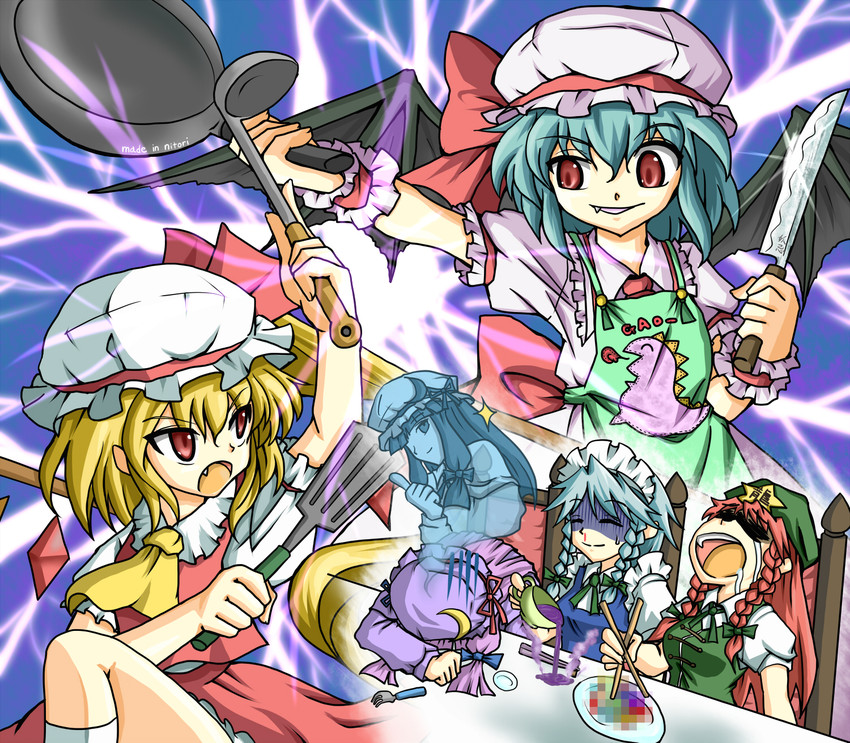 remilia scarlet, flandre scarlet, izayoi sakuya, patchouli knowledge, and hong meiling (touhou) drawn by clearfile