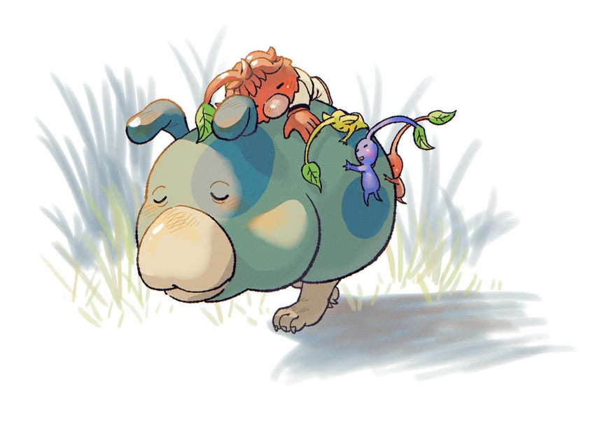 red pikmin, yellow pikmin, blue pikmin, moss, and red leafling (pikmin) drawn by asaikaina